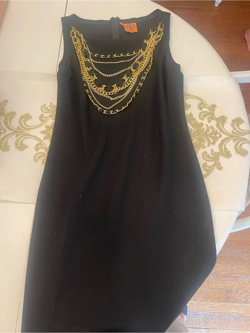 Tory Burch Black Mini Dress with Gold Chain Detail
